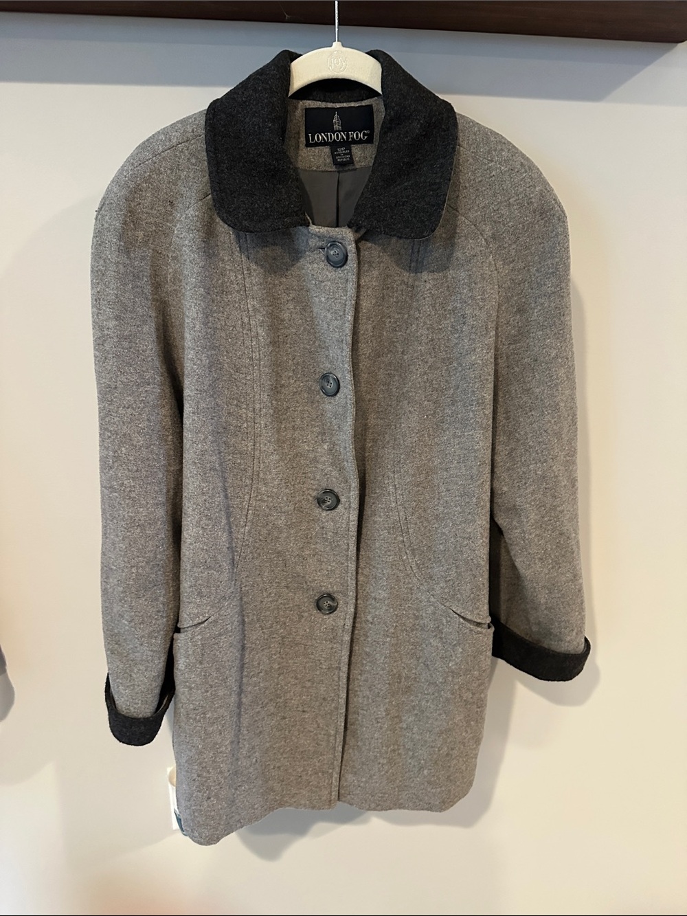 London Fog Gray Wool-Blend Pea Coat with Dark Contrast Collar